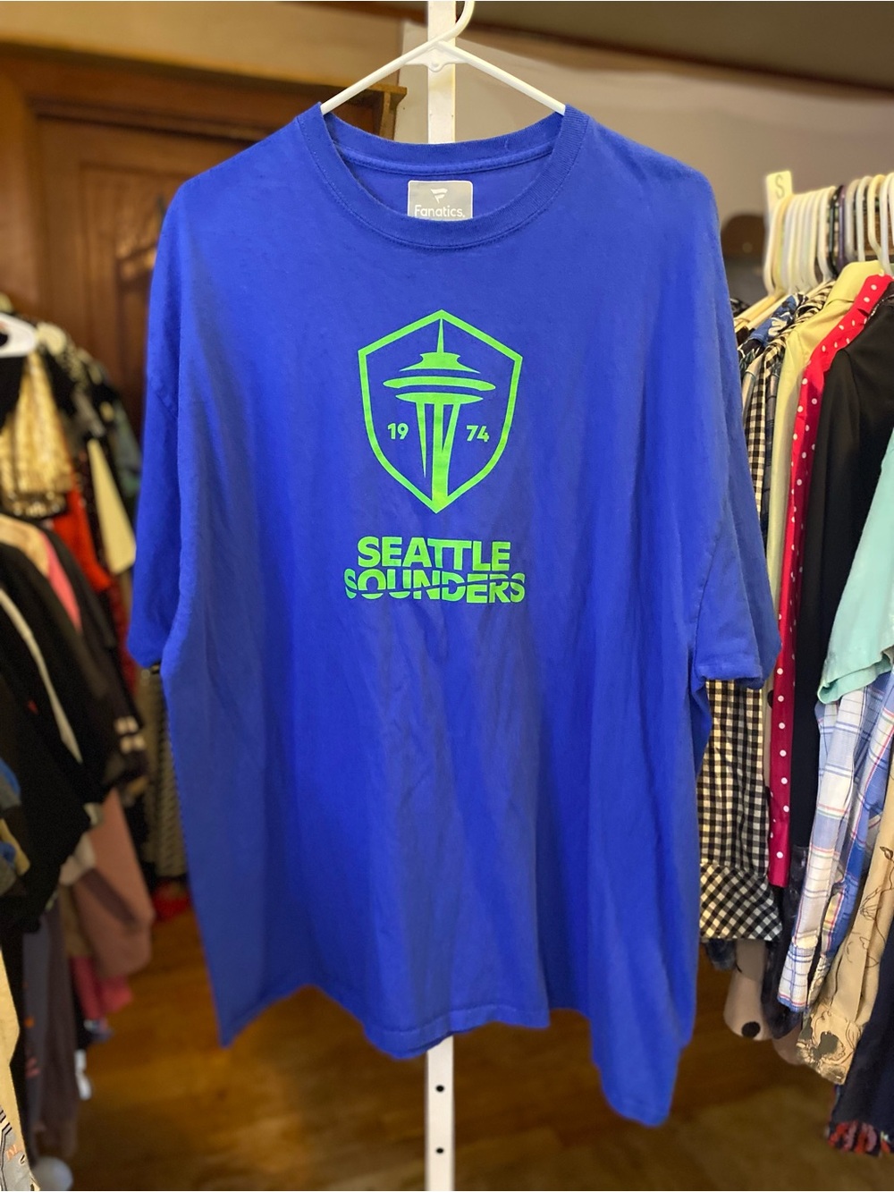 Fanatics Royal Blue Seattle Sounders Neon Green Space needle Crest Tee